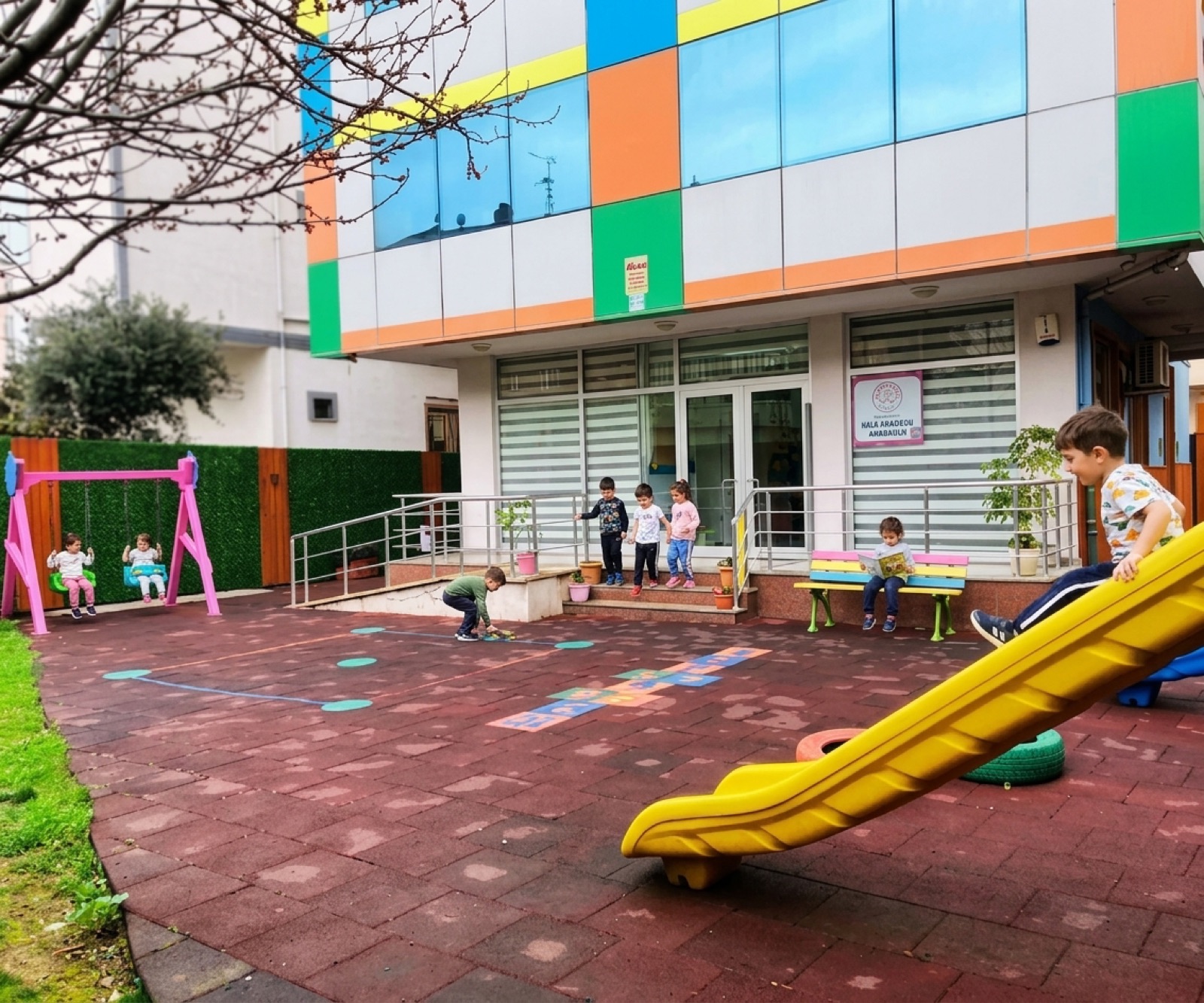Salıncakta ve bahçede oynayan çocuklar